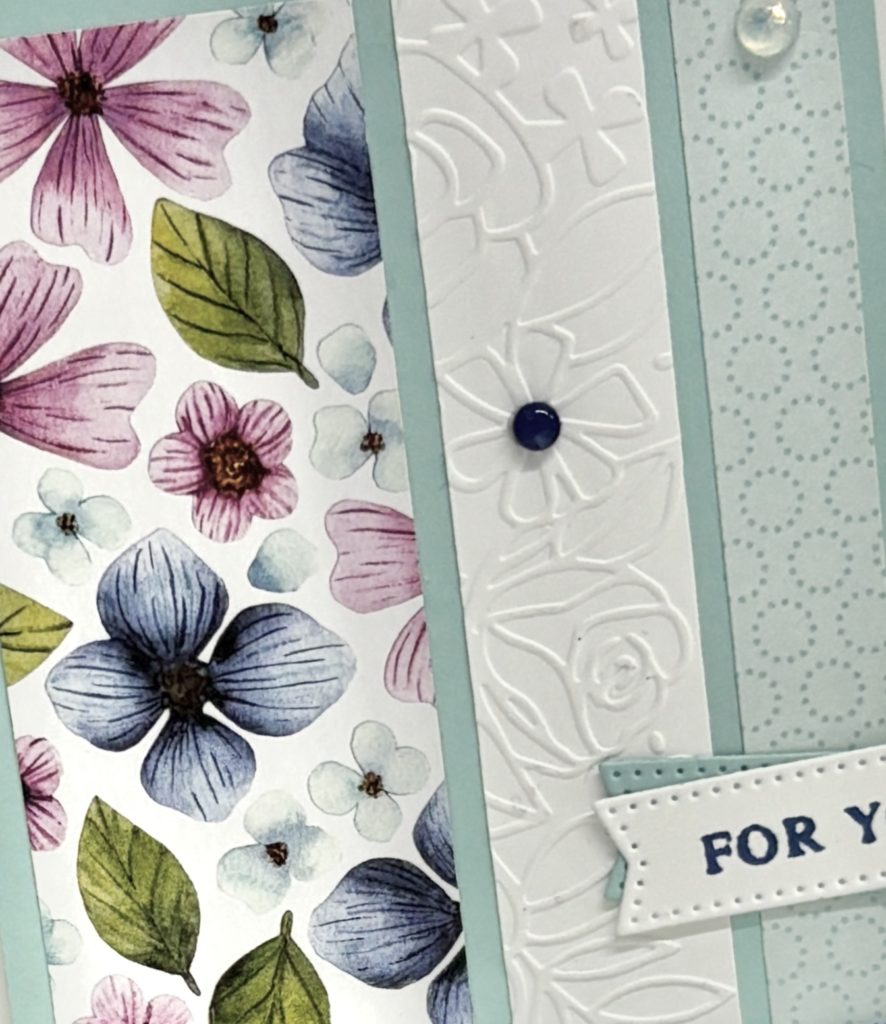 Close up of the Floral Expressions patterned paper on the triple panel layered card